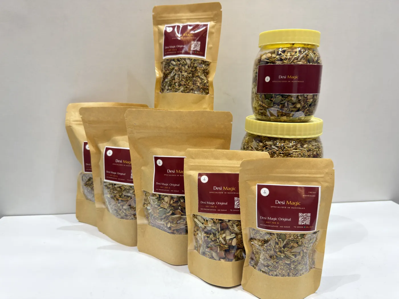 Jars stacked with pouches of every size
