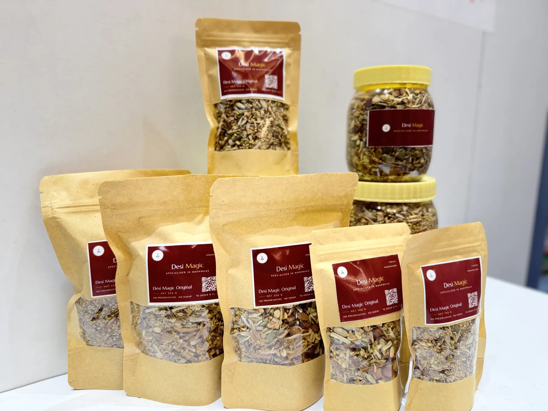 The full Desi Magic line-up: jars and kraft pouches